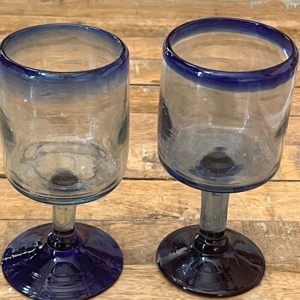 Mexican Hand Blown Goblets Drinking Glasses Cobalt Blue Rim Set of 5 - Picture 4 of 12
